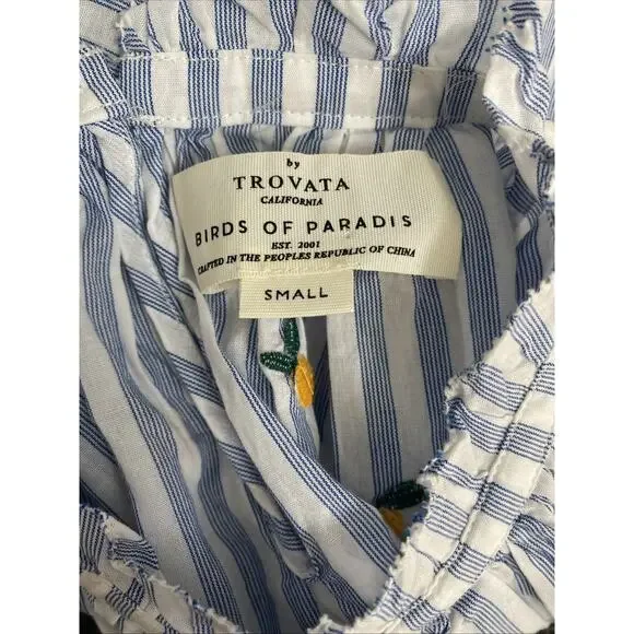 Trovata Birds of Paradis Carla Blouse Top Blue Stripe Short Sleeve Meyer Lemon S - Picture 5 of 10